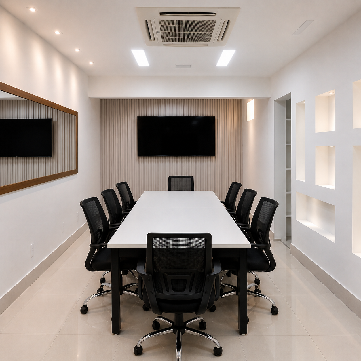 Sala JK em formato reunião com mesa central e televisão ao fundo